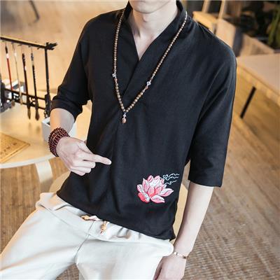 夏季中国风亚麻衬衫男短袖五分袖修身刺绣荷花男士半袖衬衣男装潮
