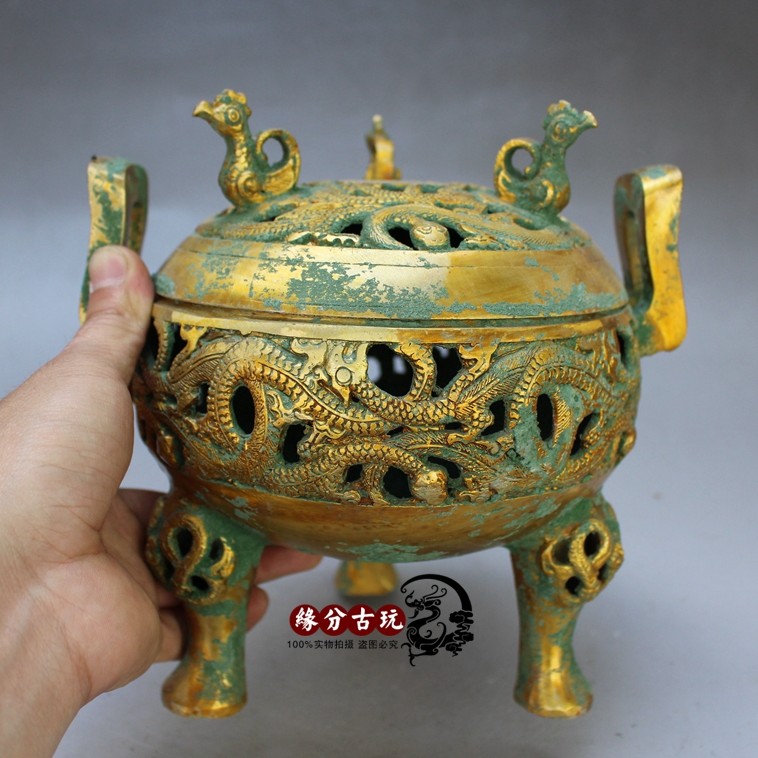 古玩古董收藏真品青铜器摆件 包桨好三脚鼎带盖香炉摆设 收藏品
