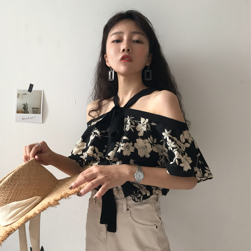 Summer women's wear Korean style loose binding thin off shoulder chiffon shirt short sleeve bottomed shirt women's top