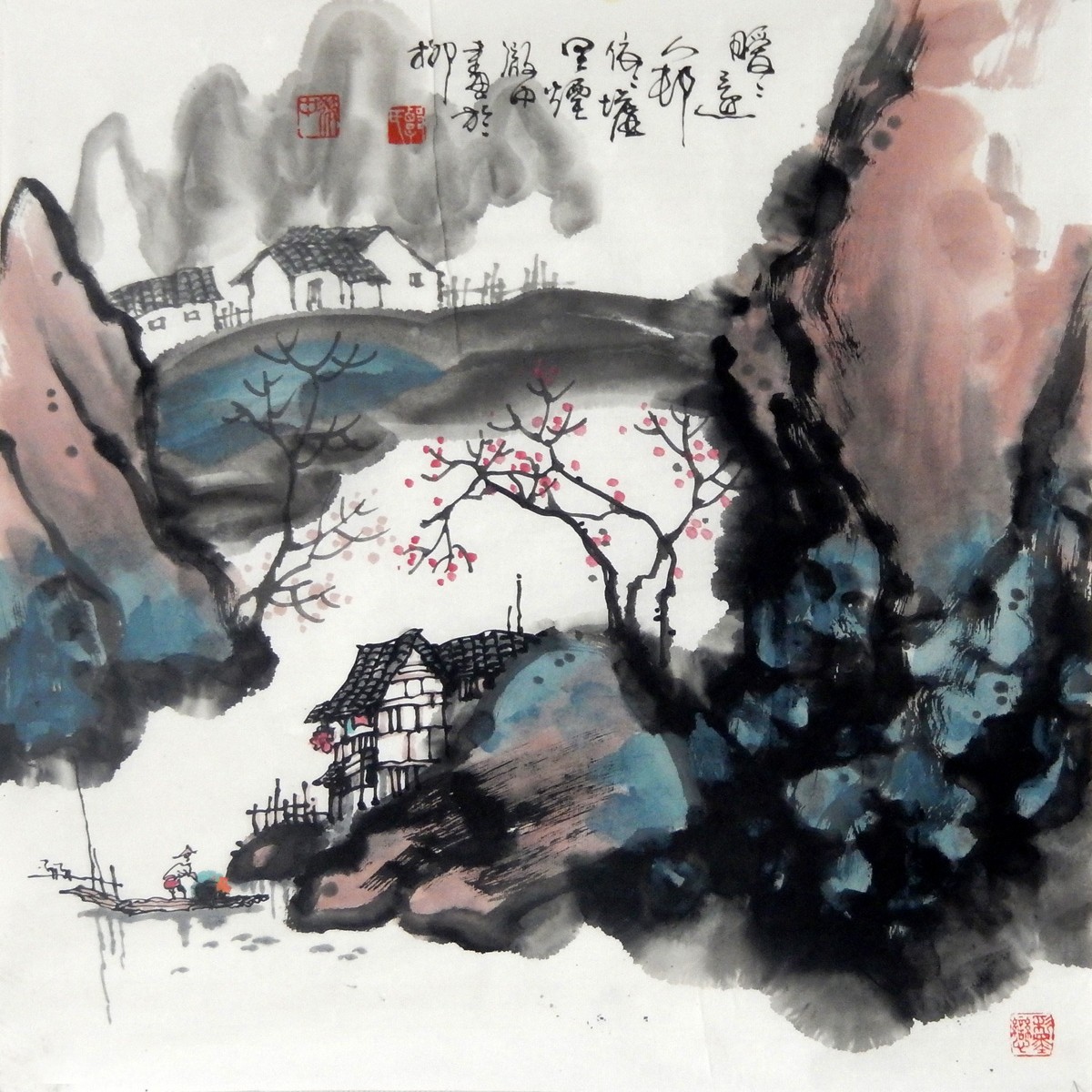 名家手绘精品真迹 国画水墨画 三尺斗方彩墨山水画江南水乡风情7